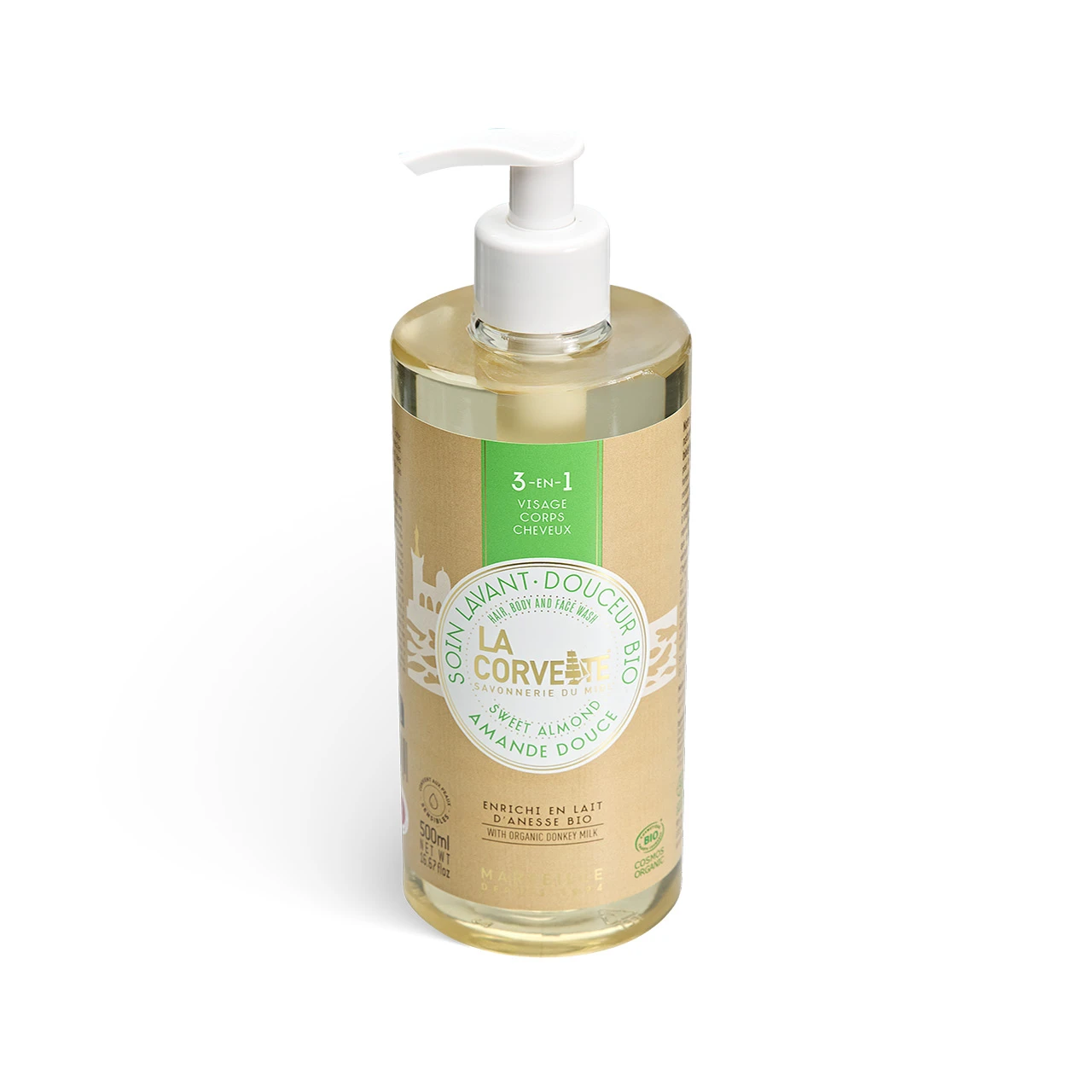La Corvette 3-in-1 Organic Sweet Almond shampoo and shower care 500ml pump bottle