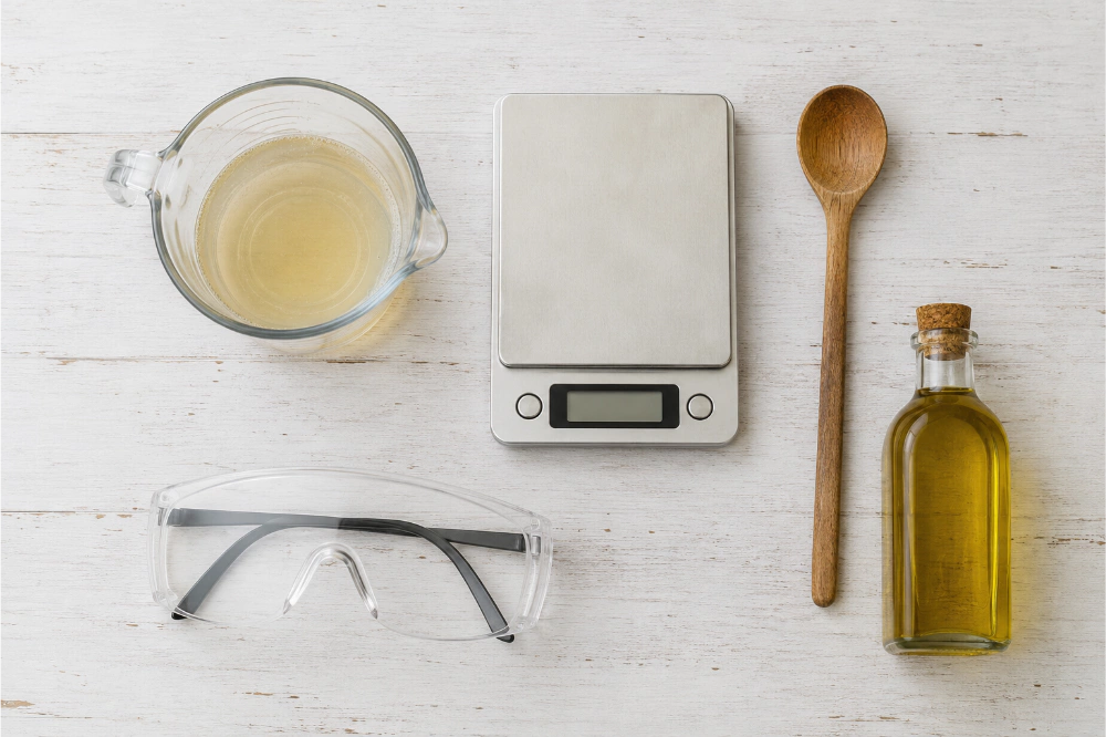 An overhead flat lay of the soap-making tools: a digital scale, heat-resistant containers, an immersion blender, protective goggles and a bottle of olive oil arranged on a clean workshop table.